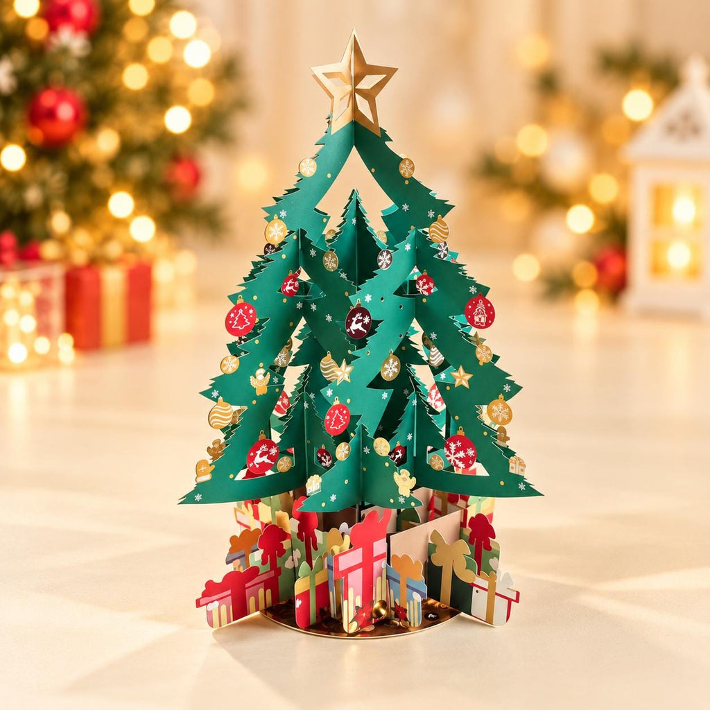 3D Standing Christmas Tree Card with Fold Out Message, Festive Paper Decoration