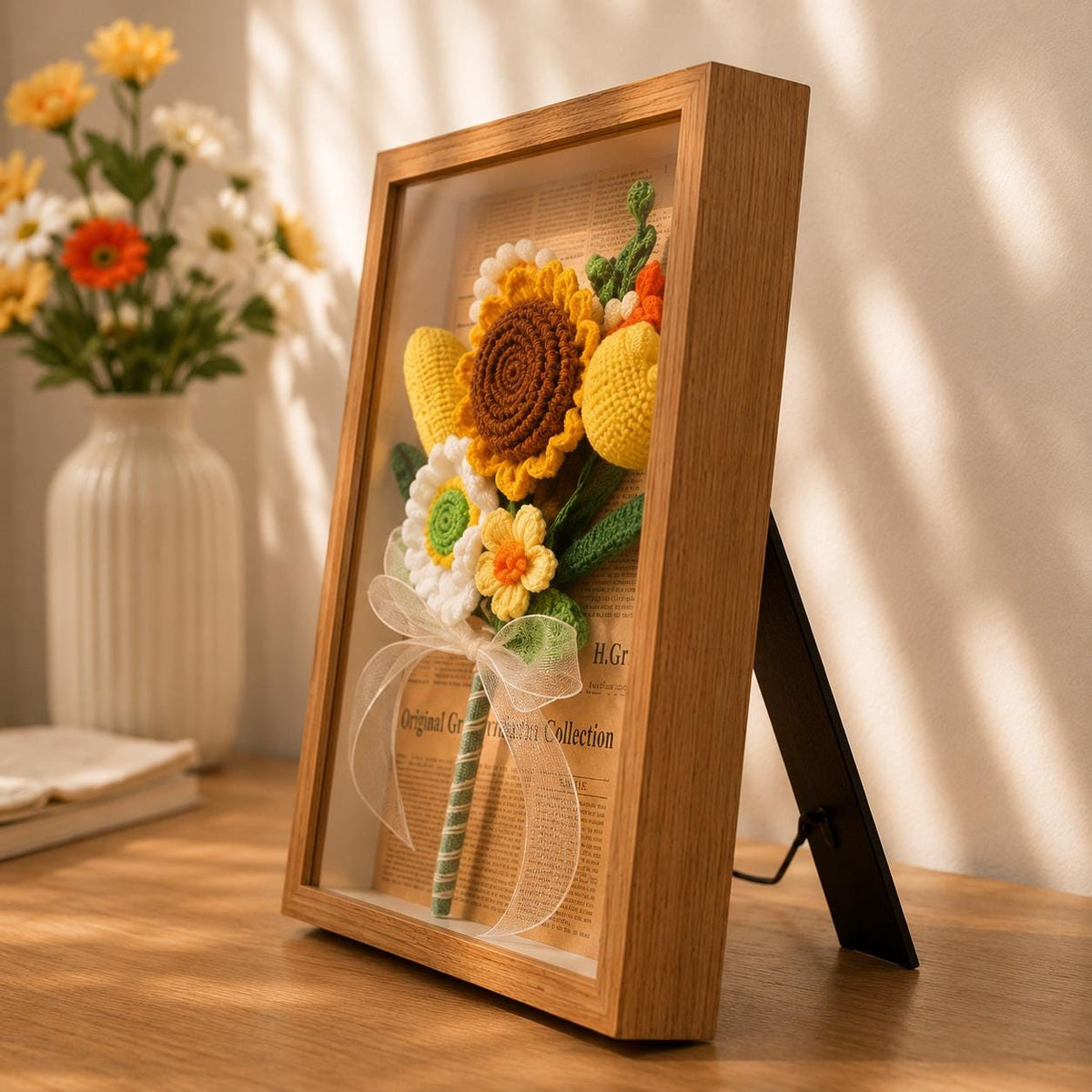 Handmade Crochet Sunflower Shadow Box Frame Rustic Botanical Wall Decor