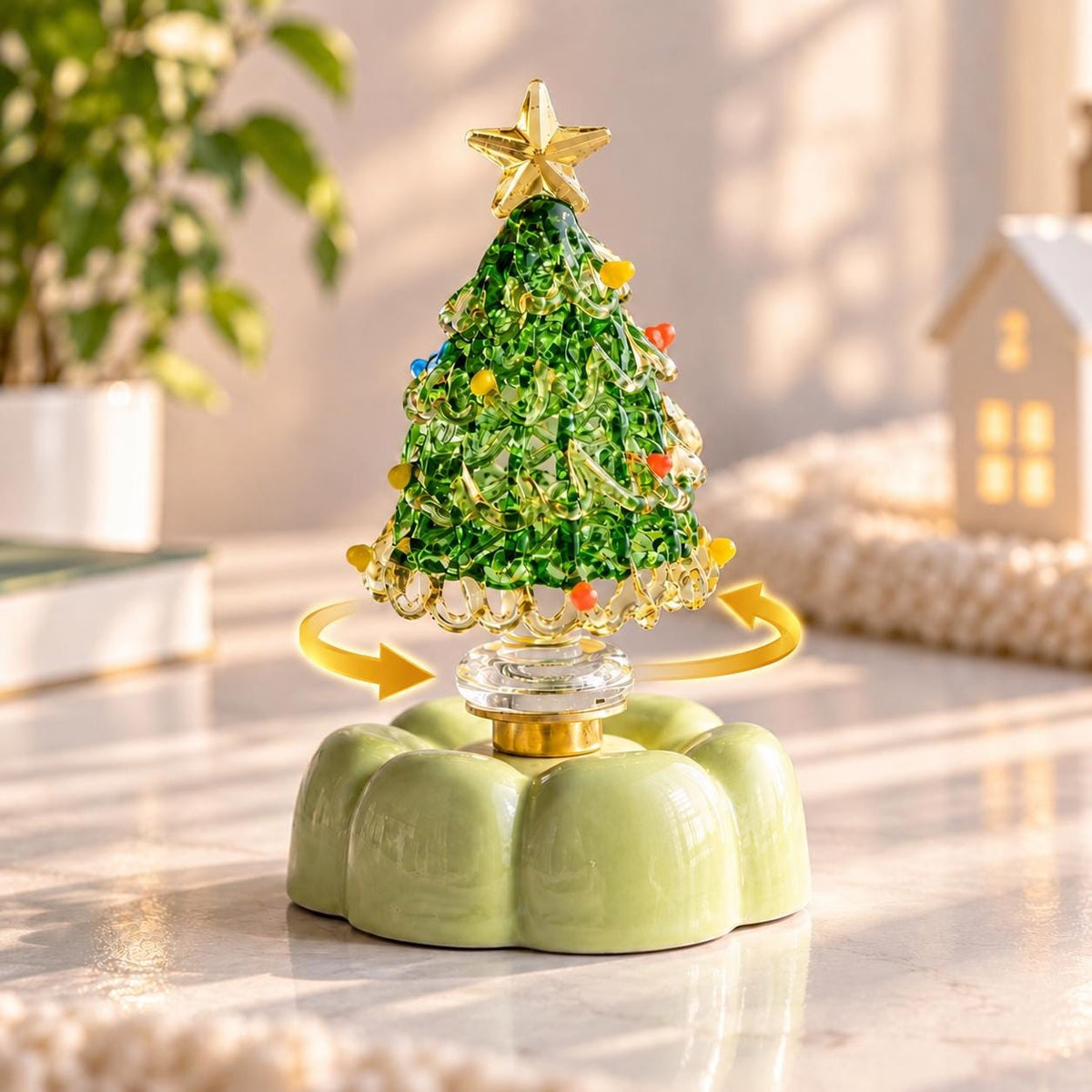 Handmade Rotating Glass Christmas Tree Gift for Holiday Desktop Tabletop Ornament