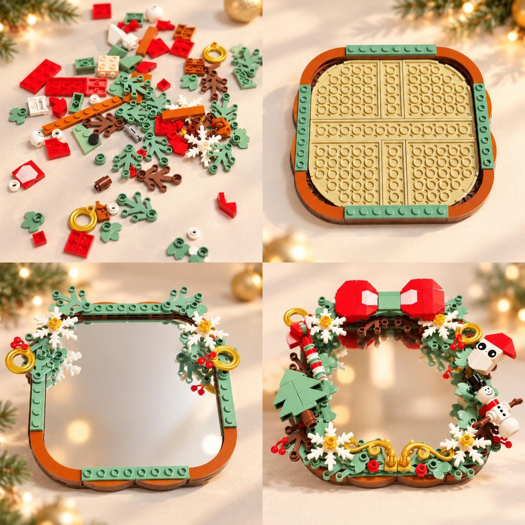Christmas Wreath Tabletop Mirror Building Set, Festive Brick Vanity Mirror Decoration