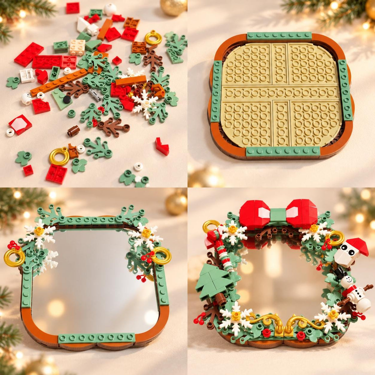 Christmas Wreath Tabletop Mirror Building Set, Festive Brick Vanity Mirror Decoration