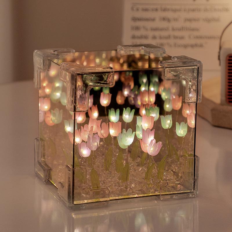 Handmade Tulip Flower Cube Night Light DIY Floral Desktop Table Home Decor Ornament