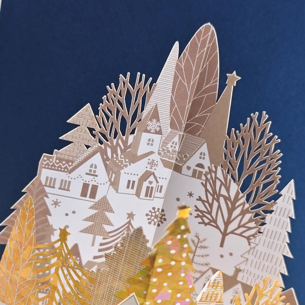 3D Christmas Village Pop Up Card, Gold Foil Winter Forest Scene, Festive Keepsake