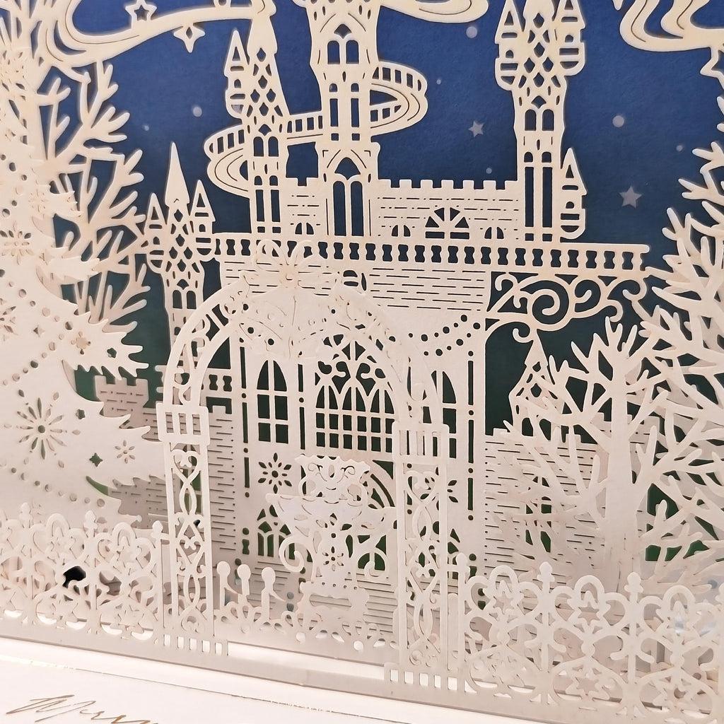 3D Pop Up Christmas Card, Enchanted Winter Castle with Santa Sleigh, Removable Message Insert