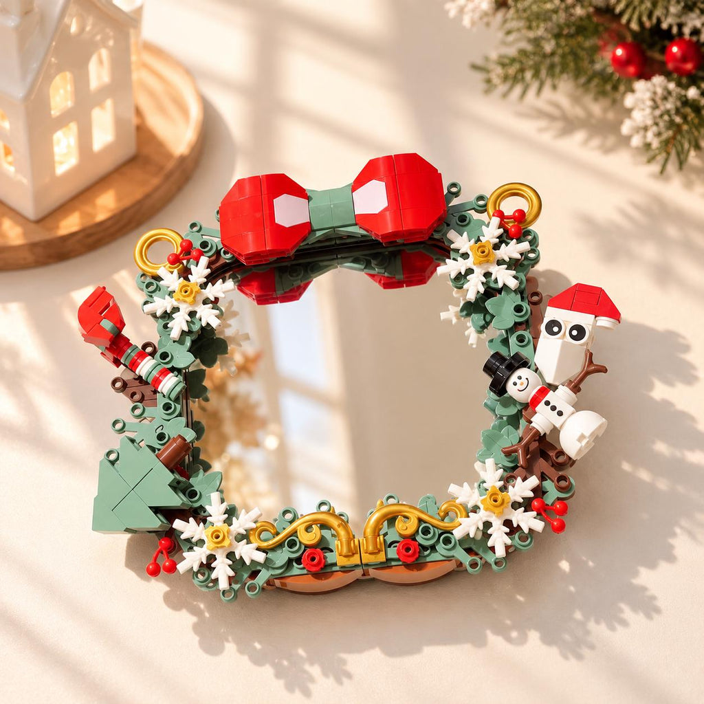 Christmas Wreath Tabletop Mirror Building Set, Festive Brick Vanity Mirror Decoration
