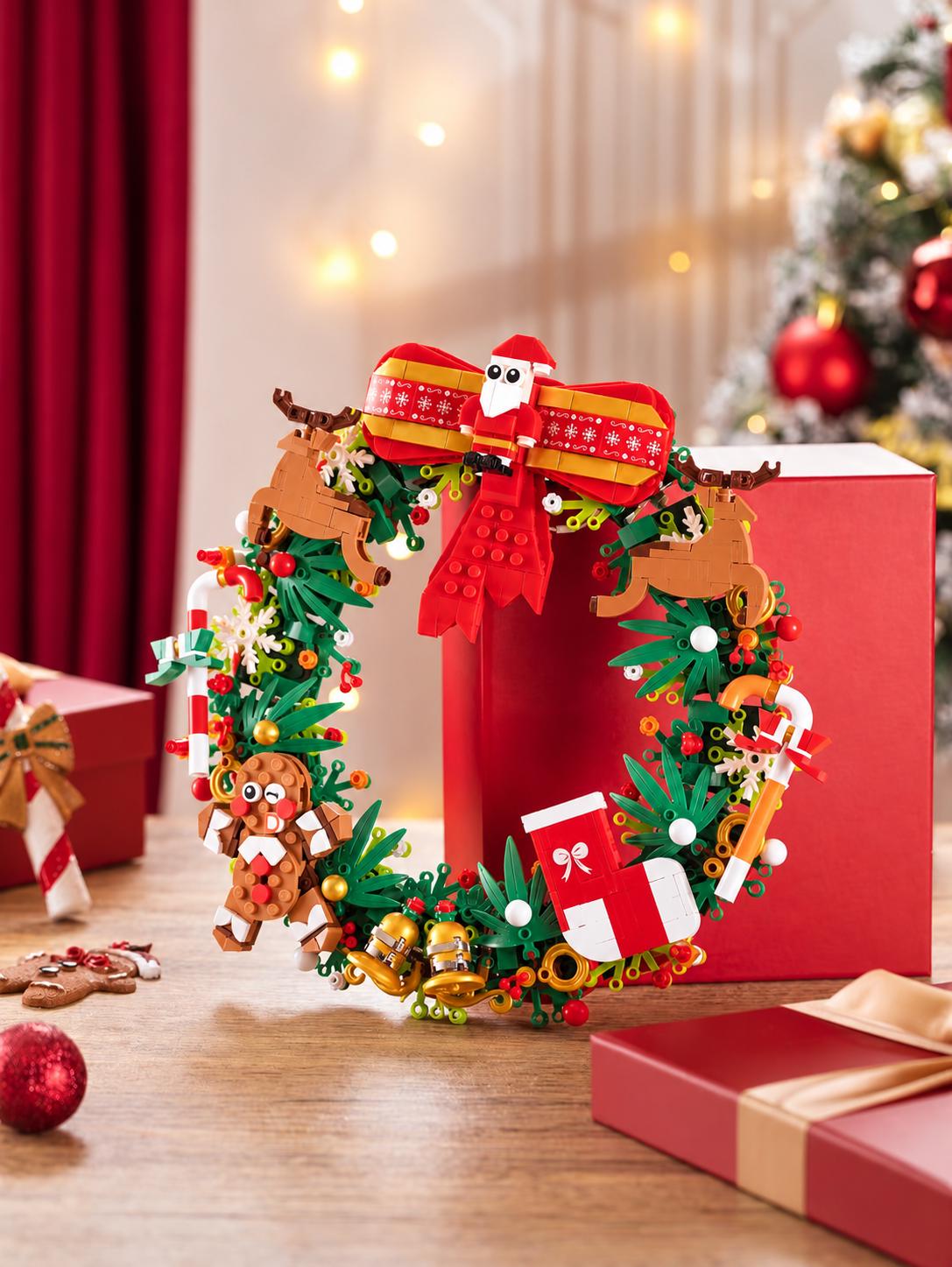 Christmas Wreath Building Set, 30cm Festive Brick Wreath with Santa and Reindeer