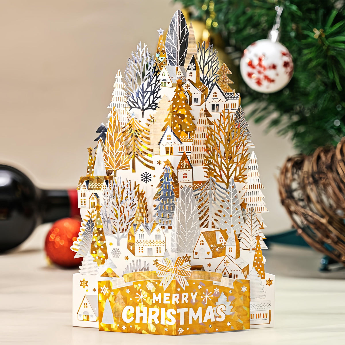 3D Pop Up Christmas Card, Foil Christmas Village, Festive Paper Art, Luxury Holiday Greeting