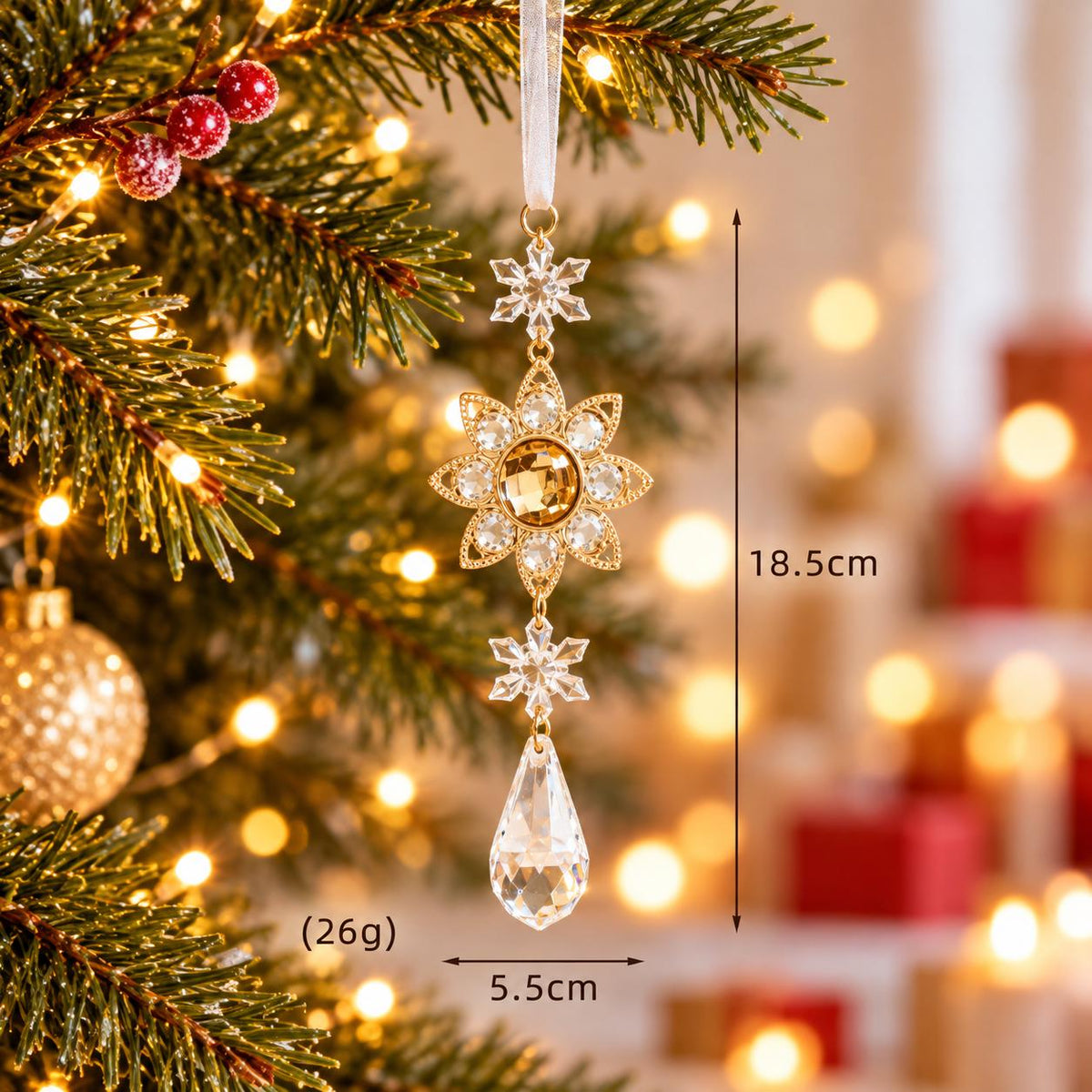 Crystal Look Christmas Ornaments, Acrylic Snowflakes, Icicles and Gold Hanging Decorations for Festive Trees
