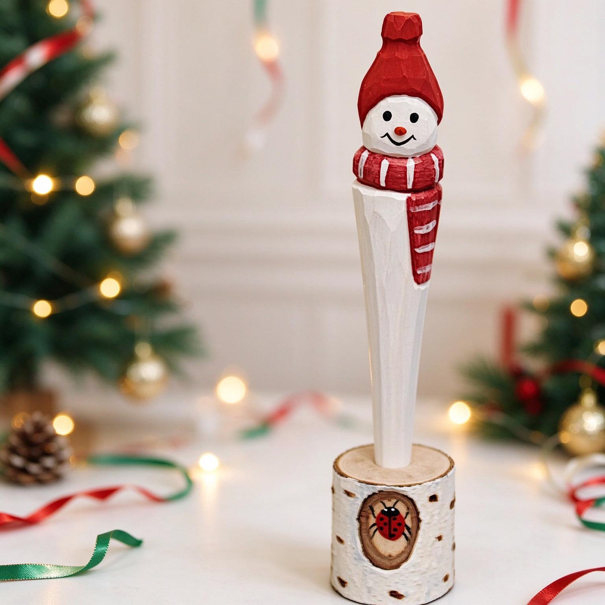 Hand Carved Wooden Christmas Pen Cute Santa Snowman Stationery Gift