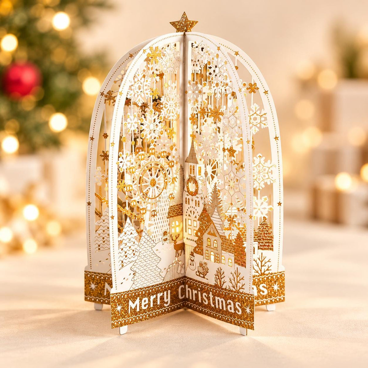 3D Christmas Village Pop Up Card, Gold Foil Snowflake Winter Wonderland Keepsake