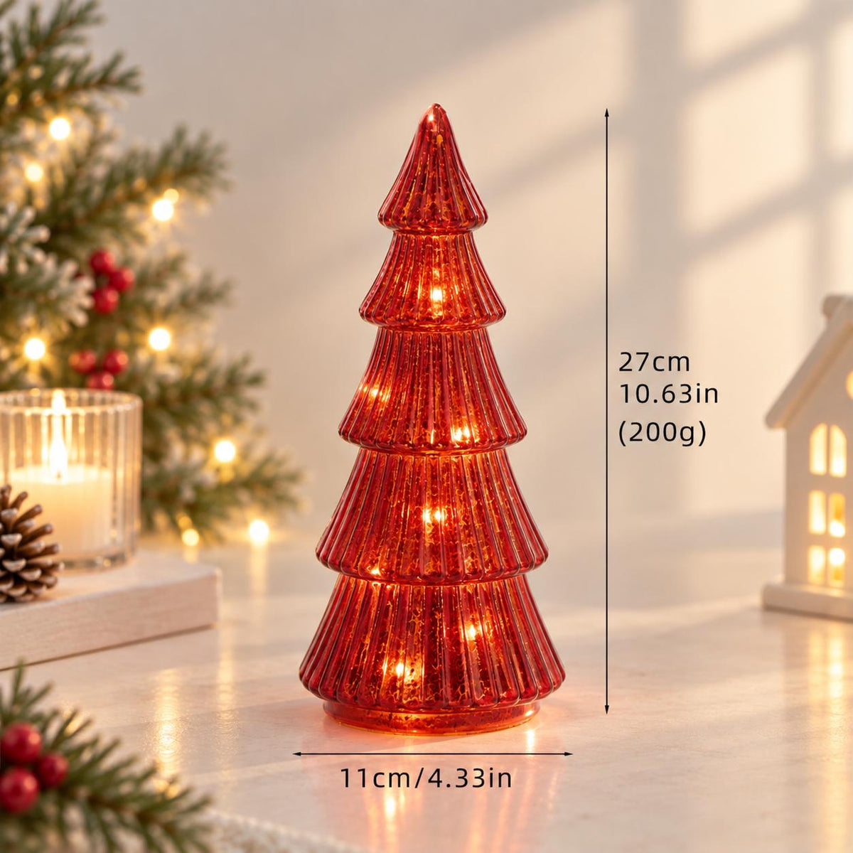 Light Up Glass Christmas Trees, LED Tabletop Christmas Decorations, Gold Red Green