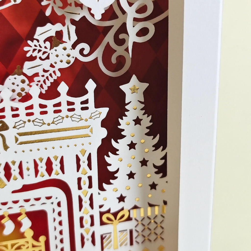 3D Dimensional Layered Paper Art Christmas Card with Fireplace Scene and Removable Message Insert