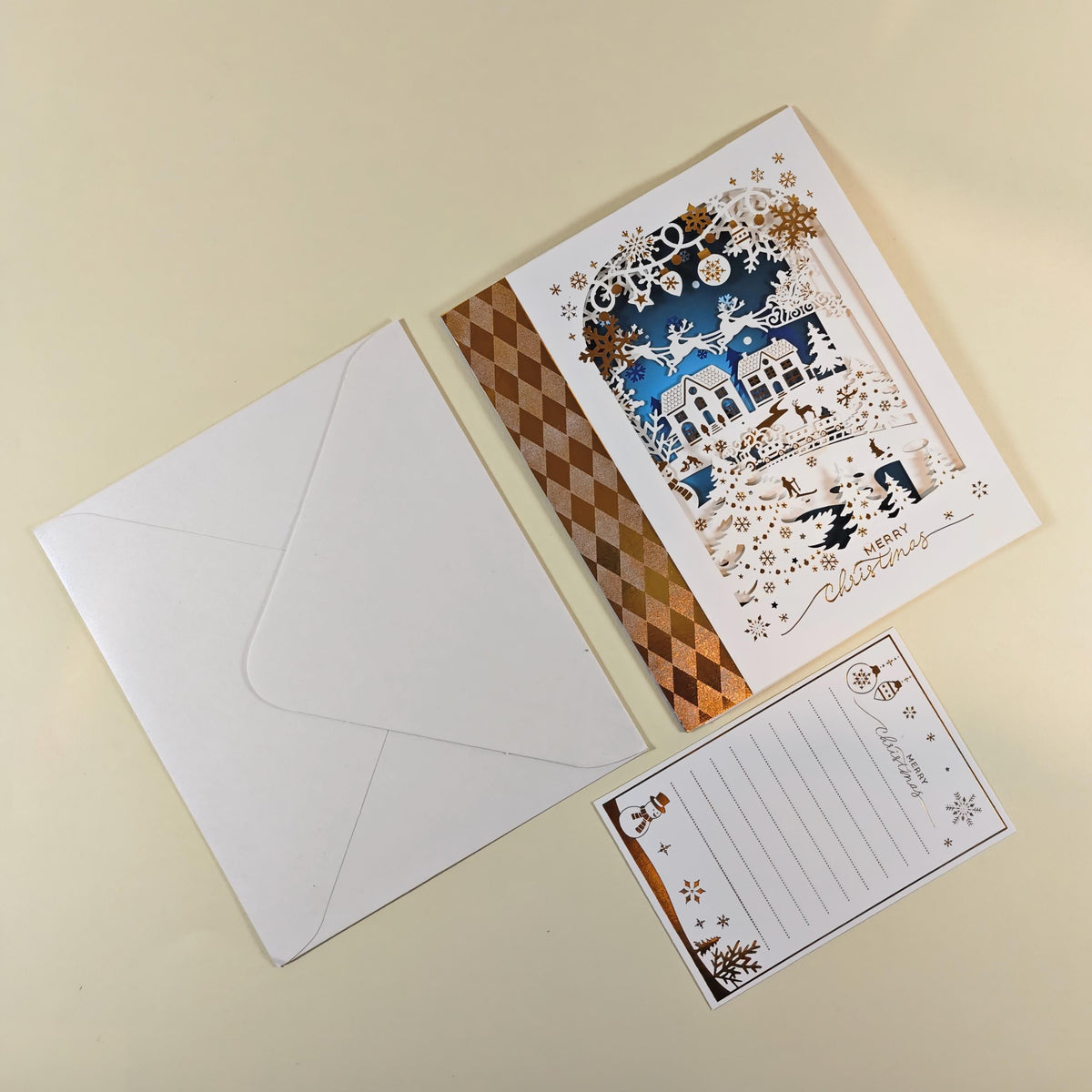 3D Christmas Card, Laser Cut Winter Wonderland, Snowy Village Keepsake with Message Insert