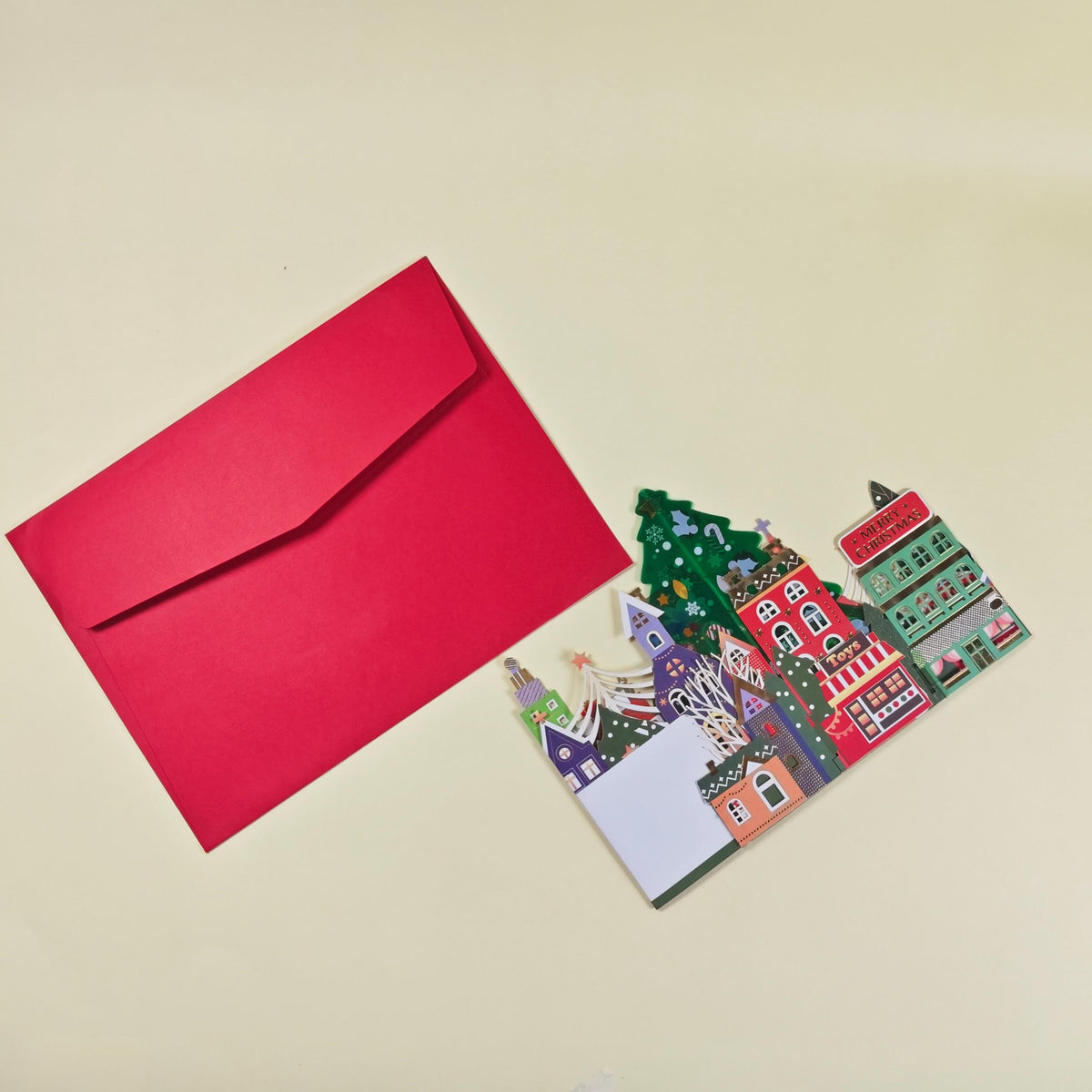 3D Christmas Village Pop Up Card with Festive Tree and Colourful Paper Houses