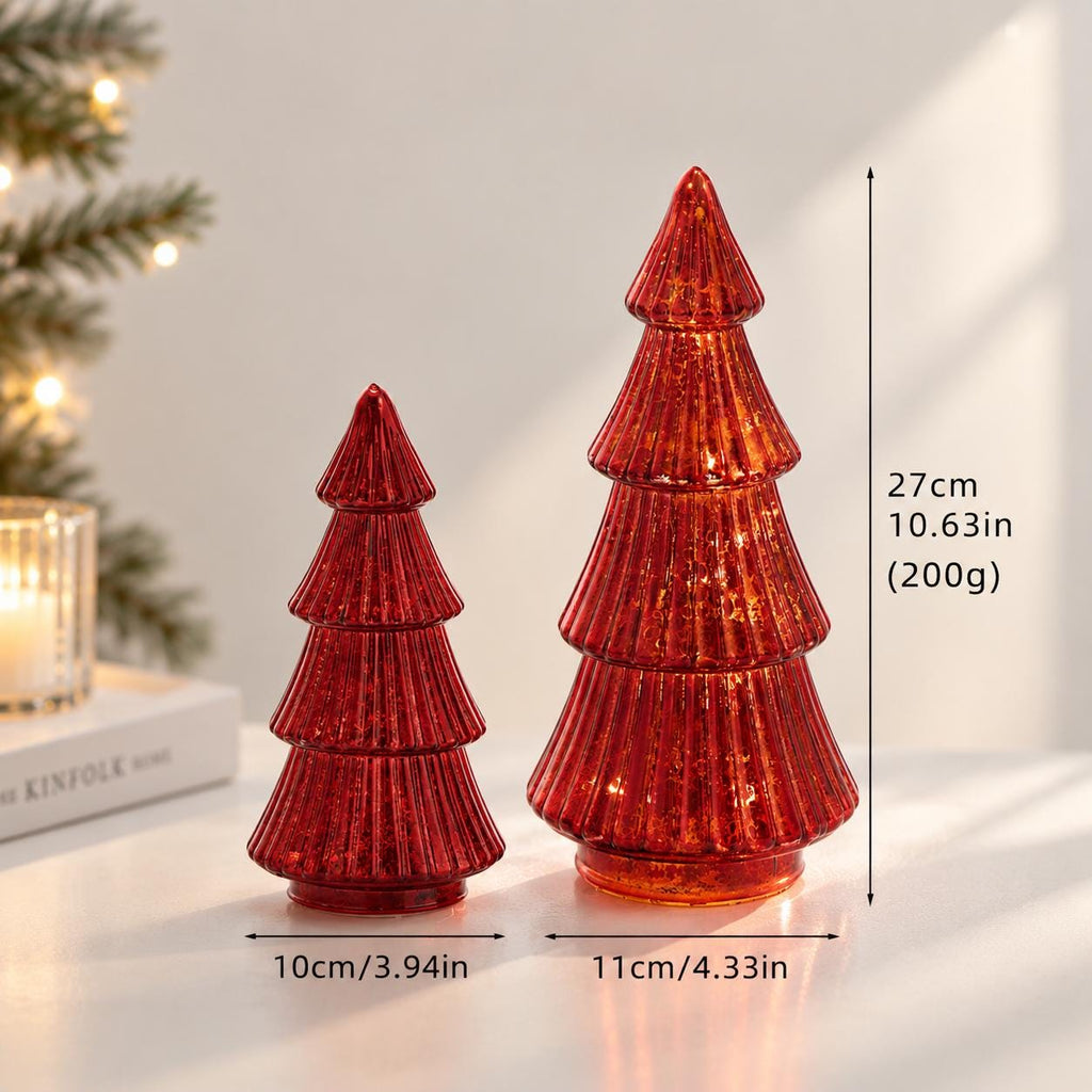 Light Up Glass Christmas Trees, LED Tabletop Christmas Decorations, Gold Red Green