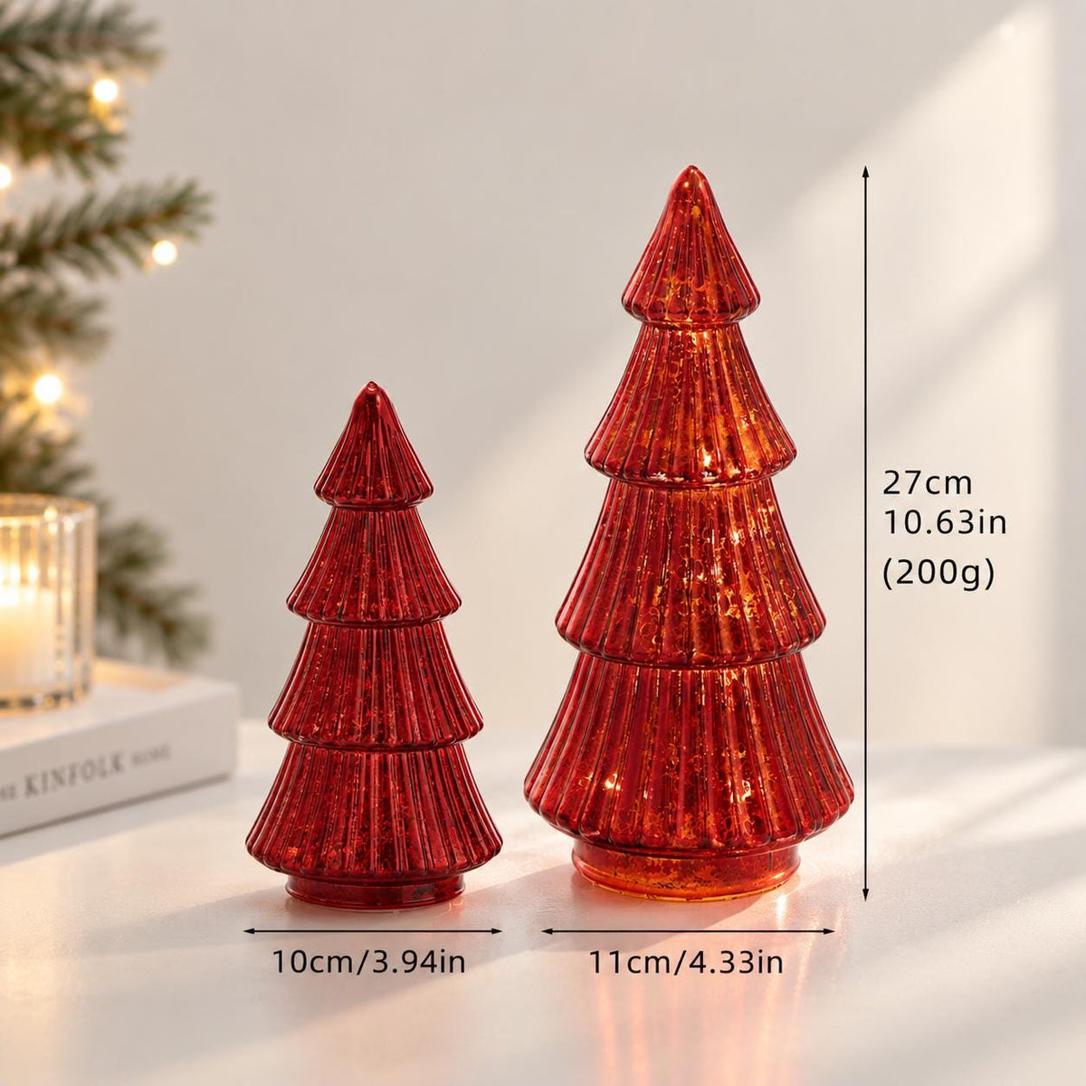 Light Up Glass Christmas Trees, LED Tabletop Christmas Decorations, Gold Red Green