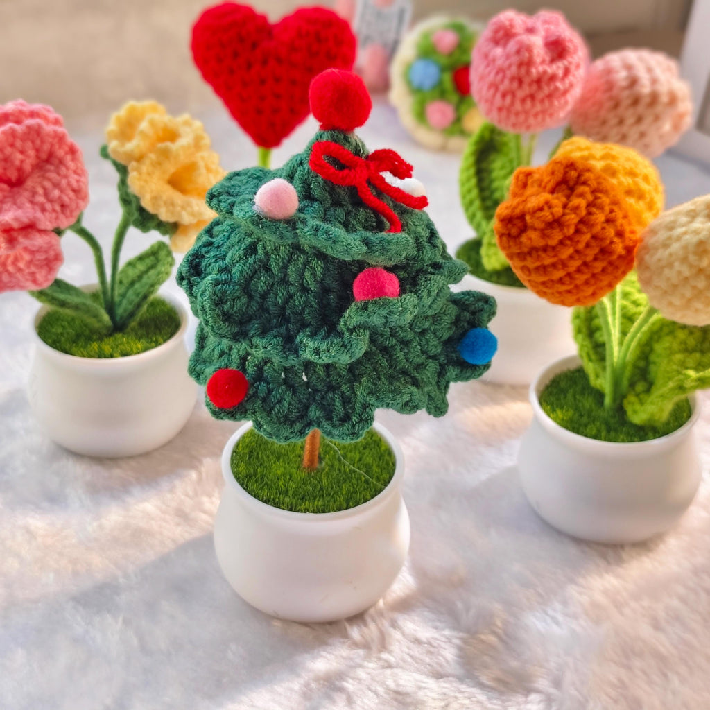 Handmade Crochet Potted Flowers, Tulips, Carnation, Heart, Christmas Tree Home Decor