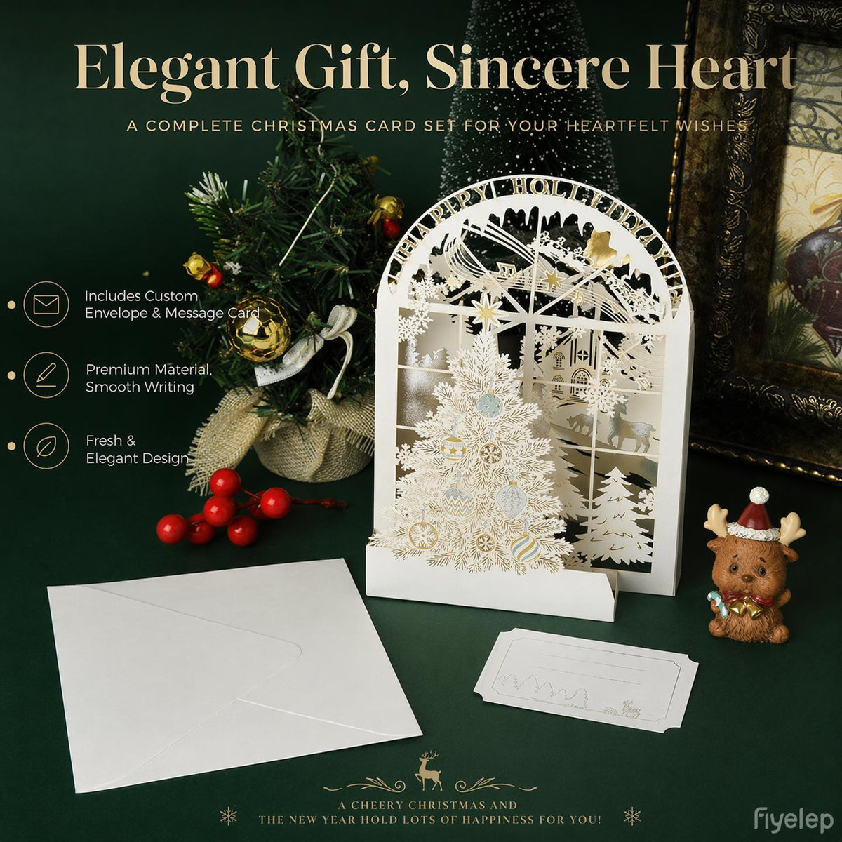 3D Christmas Pop Up Card, White Paper Cut Tree, Holiday Greeting (130mm x 190mm)