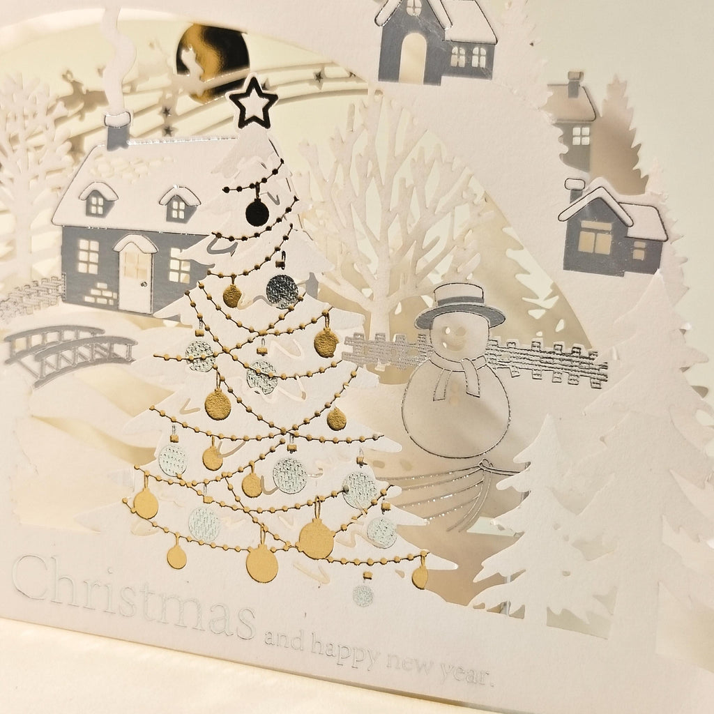 3D Layered Paper Christmas Card, Snowy Village Scene, White and Gold