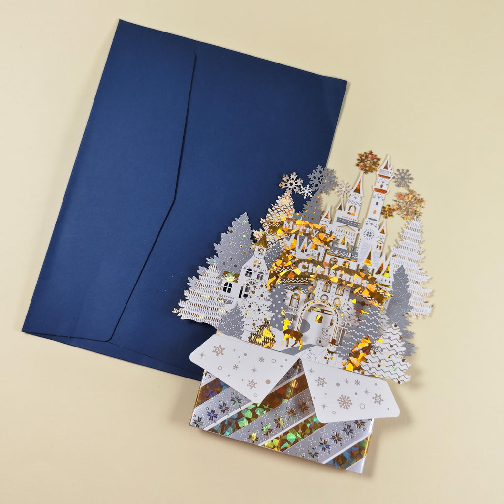 3D Christmas Castle Pop Up Card, Snowy Winter Wonderland Paper Sculpture