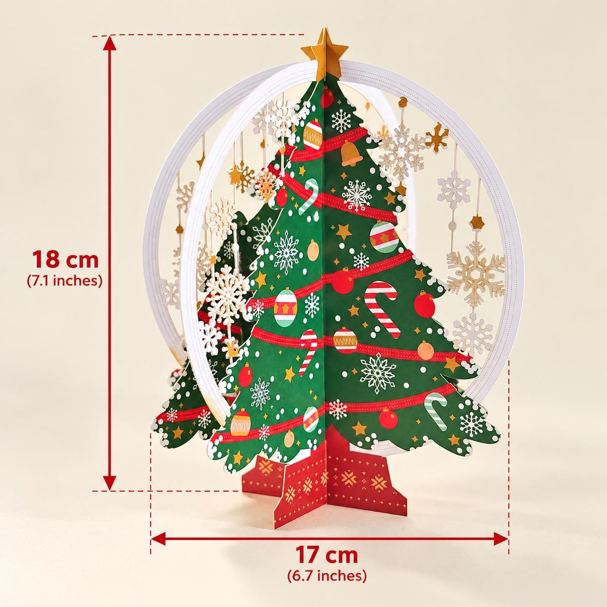 3D Christmas Tree Greeting Card with Hanging Snowflakes and Festive Paper Decorations