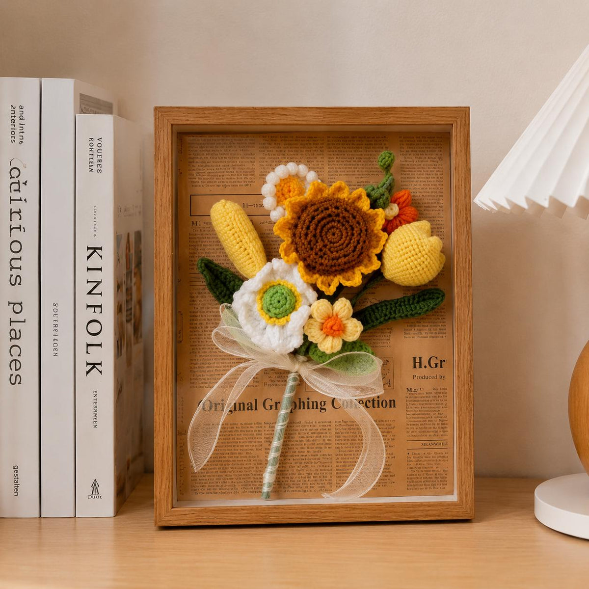 Handmade Crochet Sunflower Shadow Box Frame Rustic Botanical Wall Decor