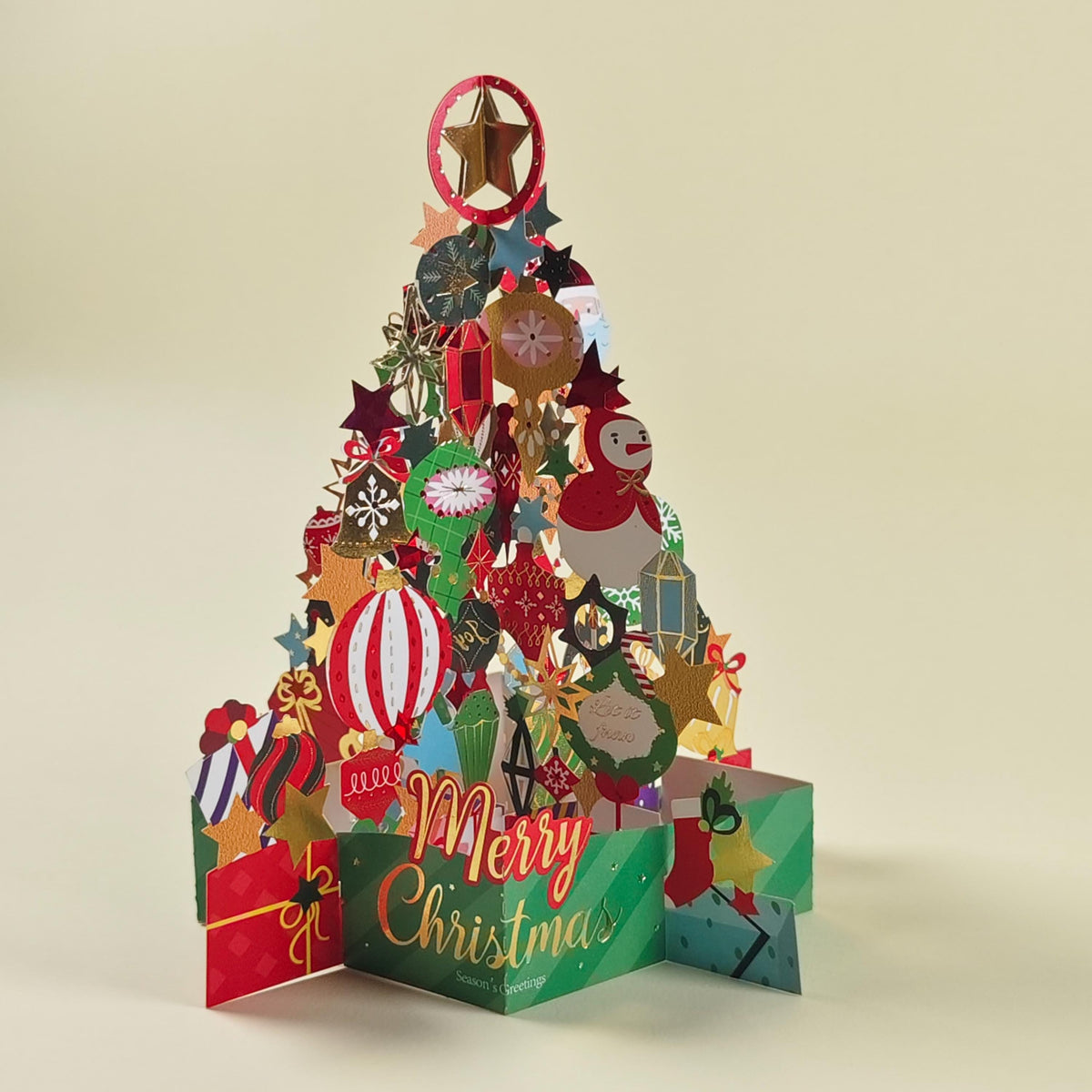 3D Christmas Tree Pop Up Card, Colourful Ornament Display, Festive Paper Greeting