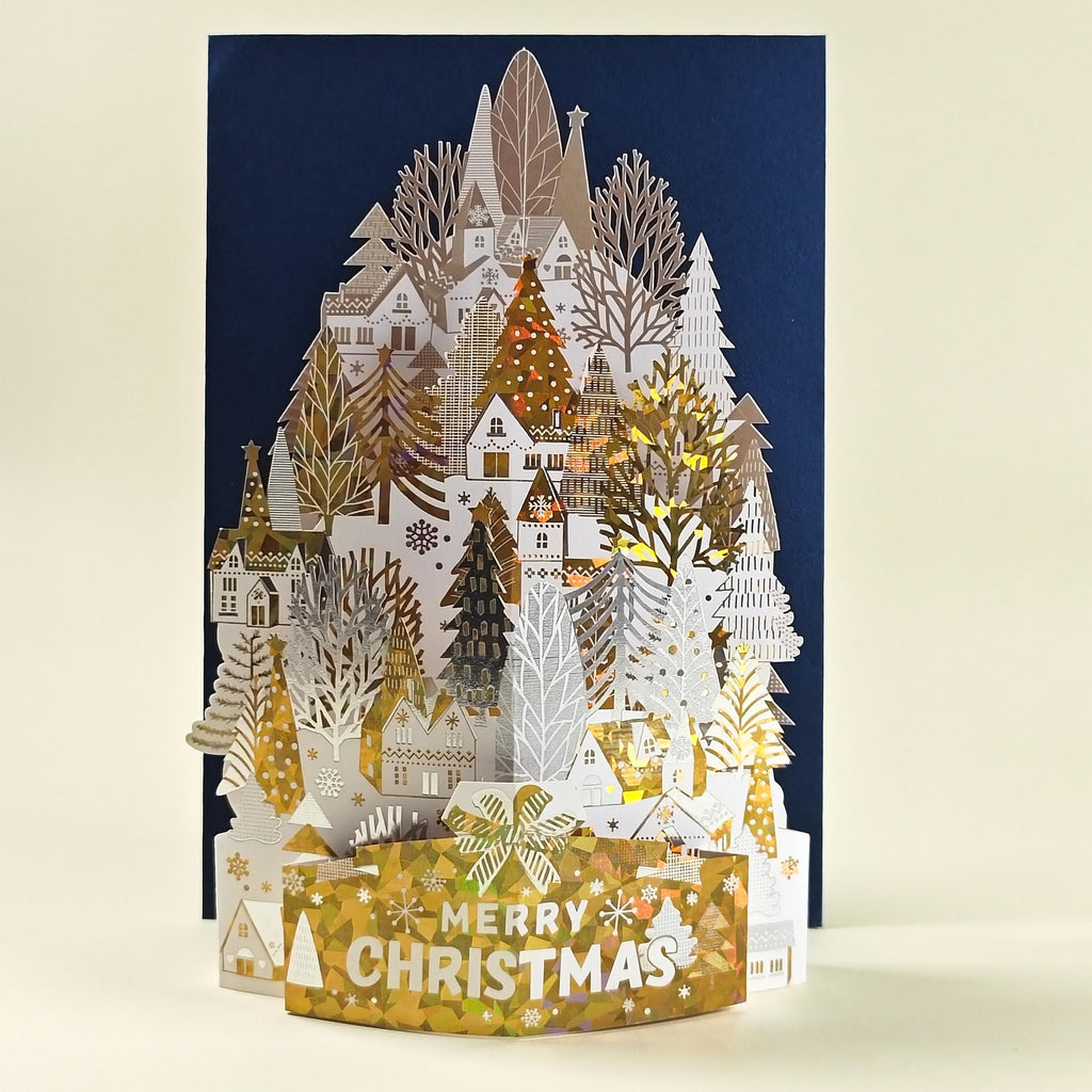 3D Christmas Village Pop Up Card, Gold Foil Winter Forest Scene, Festive Keepsake