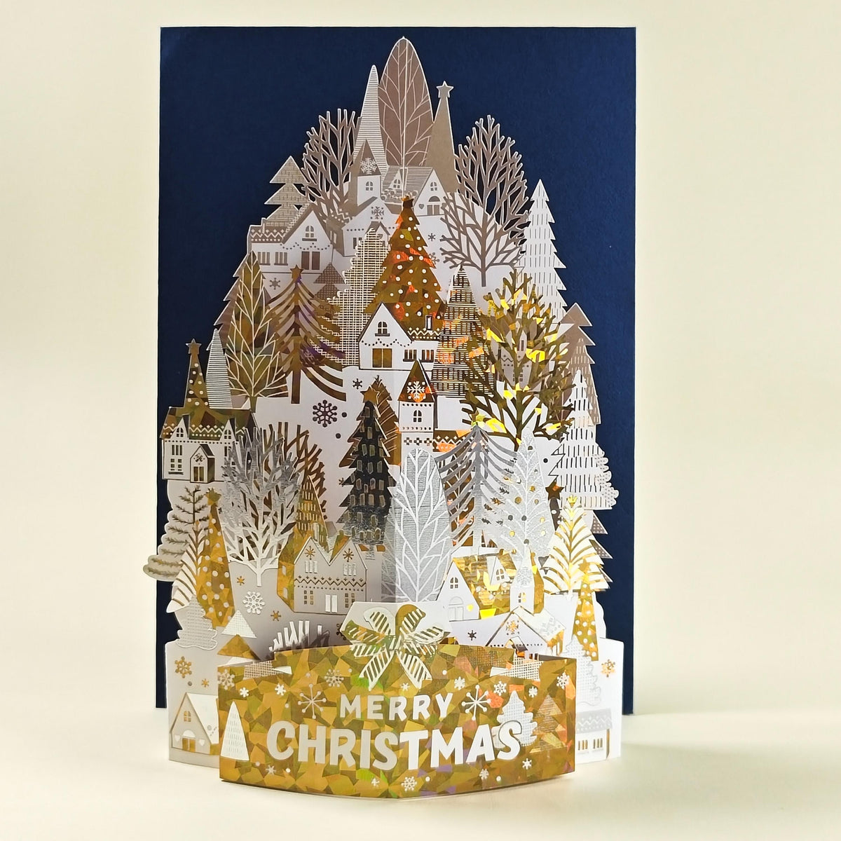 3D Christmas Village Pop Up Card, Gold Foil Winter Forest Scene, Festive Keepsake