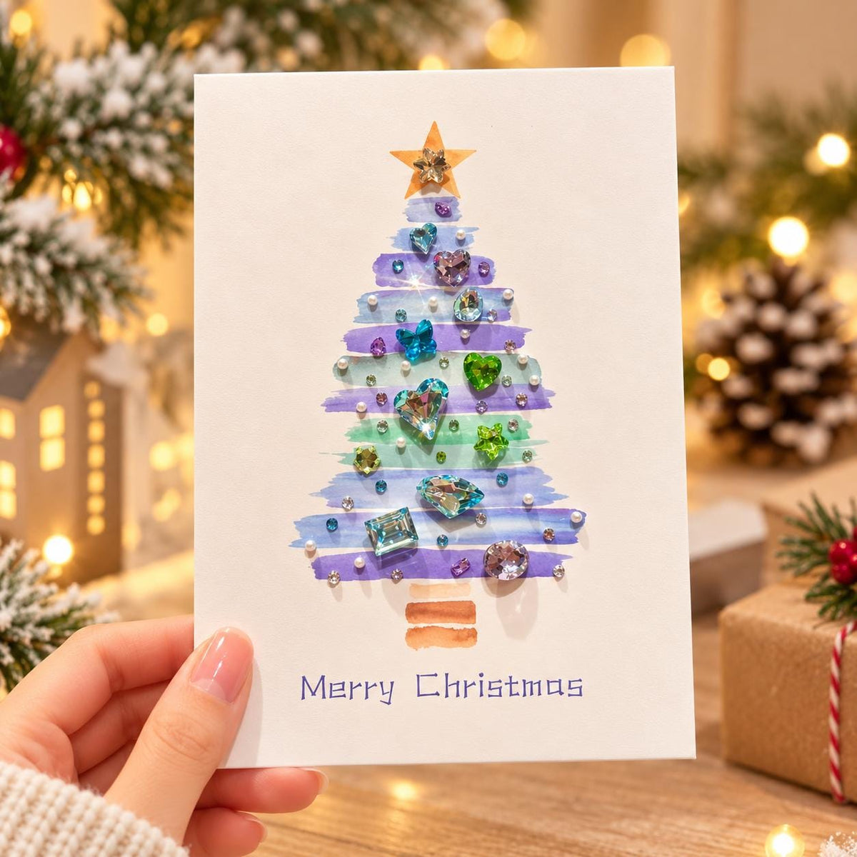 DIY Christmas Card Kit, Rhinestone Craft, Watercolour Tree, Handmade Festive Activity, Creative Gift Set