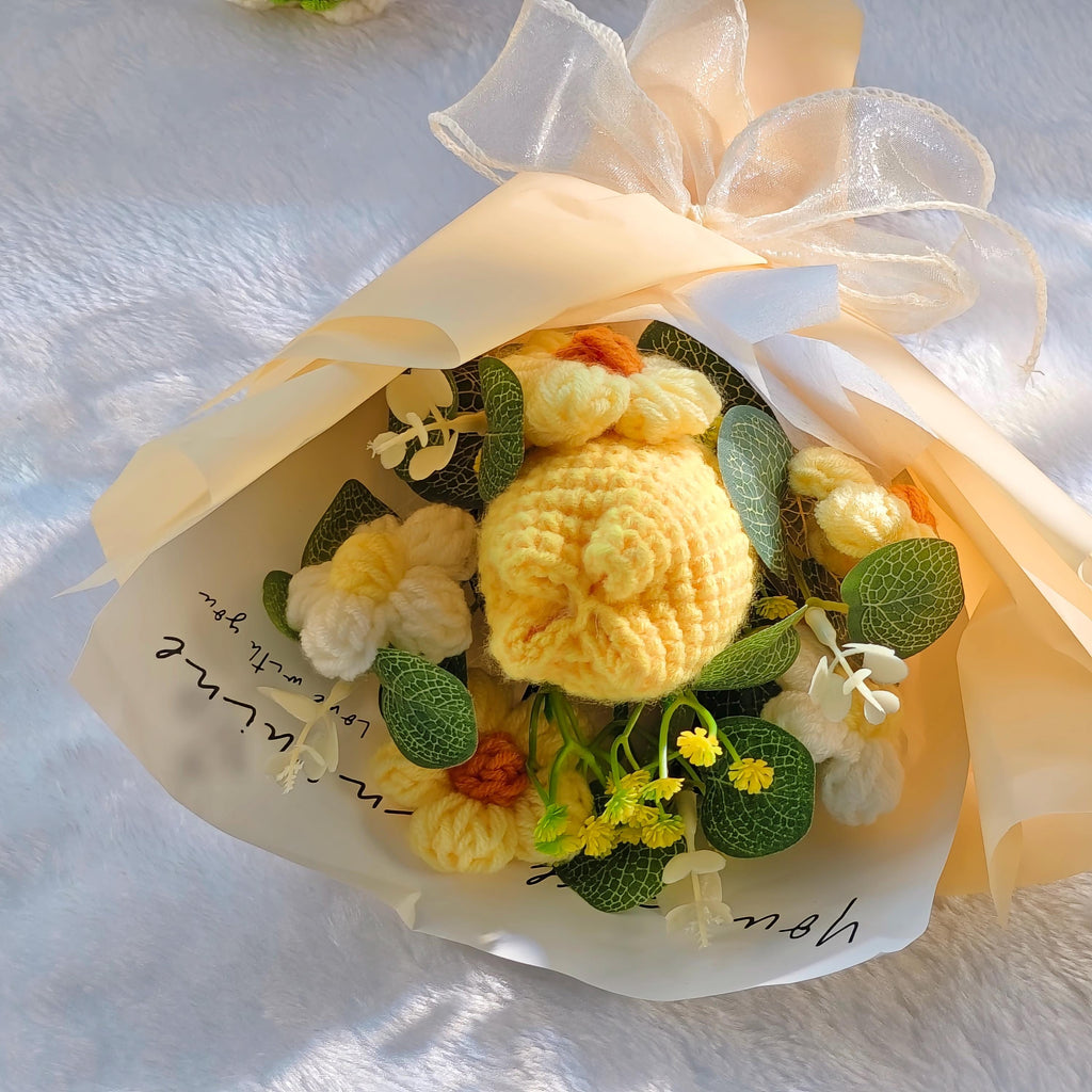 Crochet Tulip Bouquet, Yellow Knitted Forever Flower Arrangement, Handmade Yarn Flowers, Crochet Floral Decor