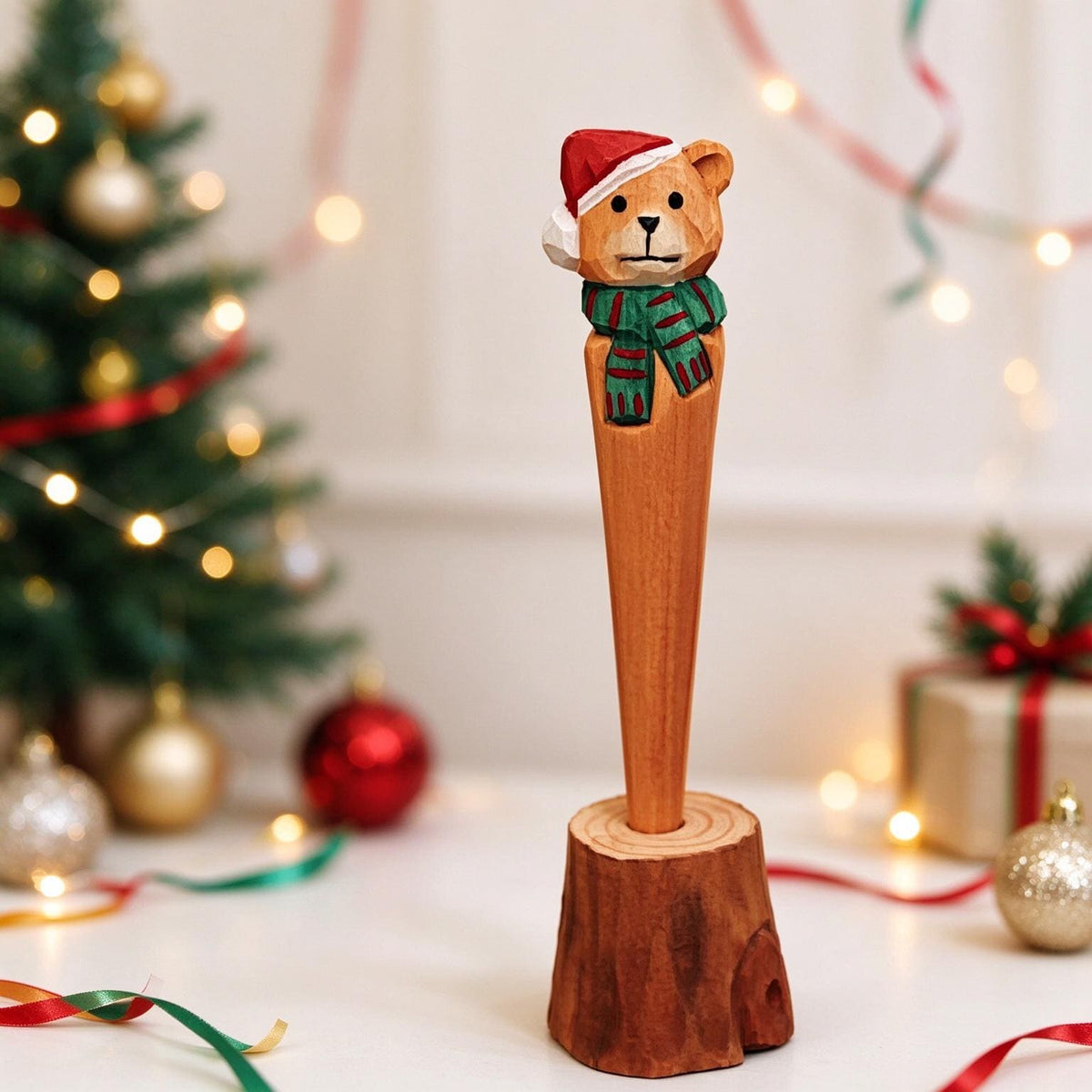 Hand Carved Wooden Christmas Pen Cute Santa Snowman Stationery Gift