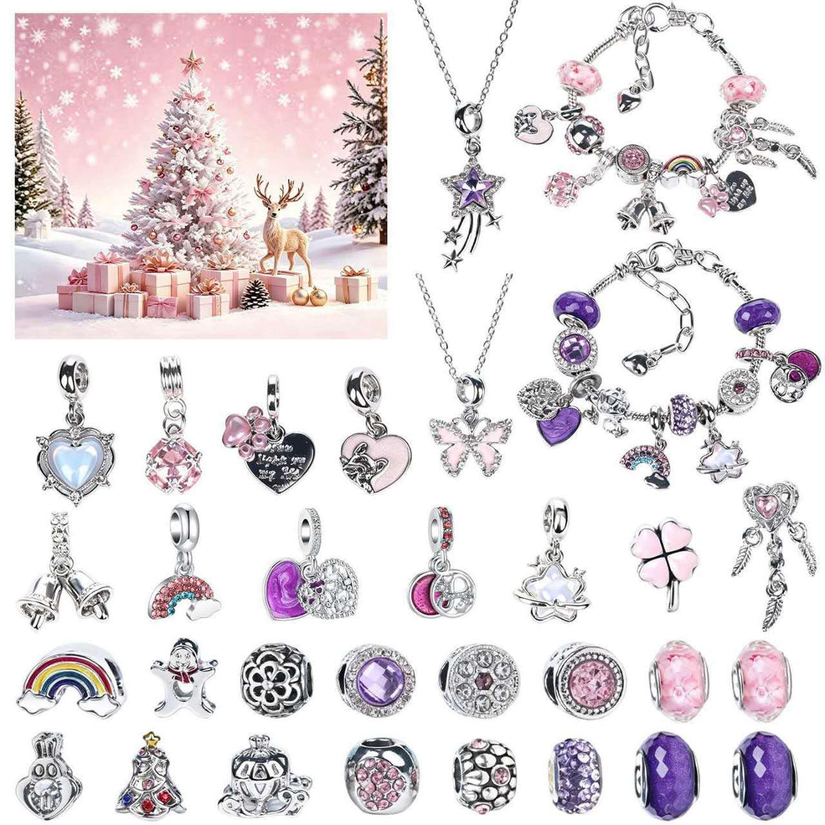 Christmas Charm Bracelet Making Kit, DIY Jewellery Advent Countdown Calendar with Beads and Pendants