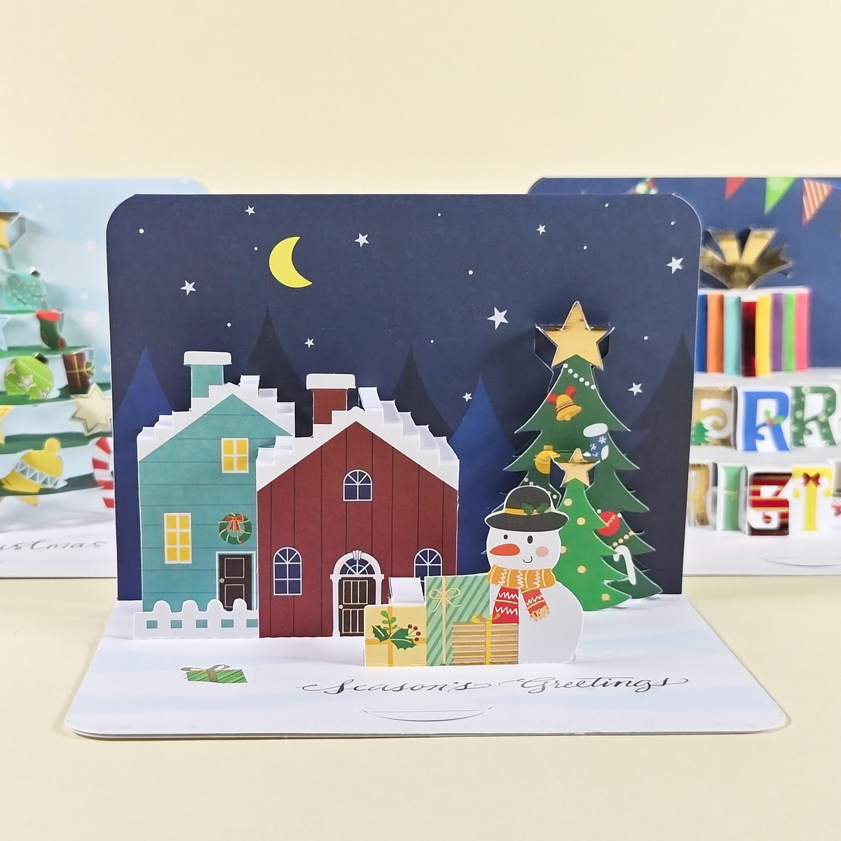 3D Pop Up Christmas Cards Set of 3, Festive Tree, Snowy Village and Presents