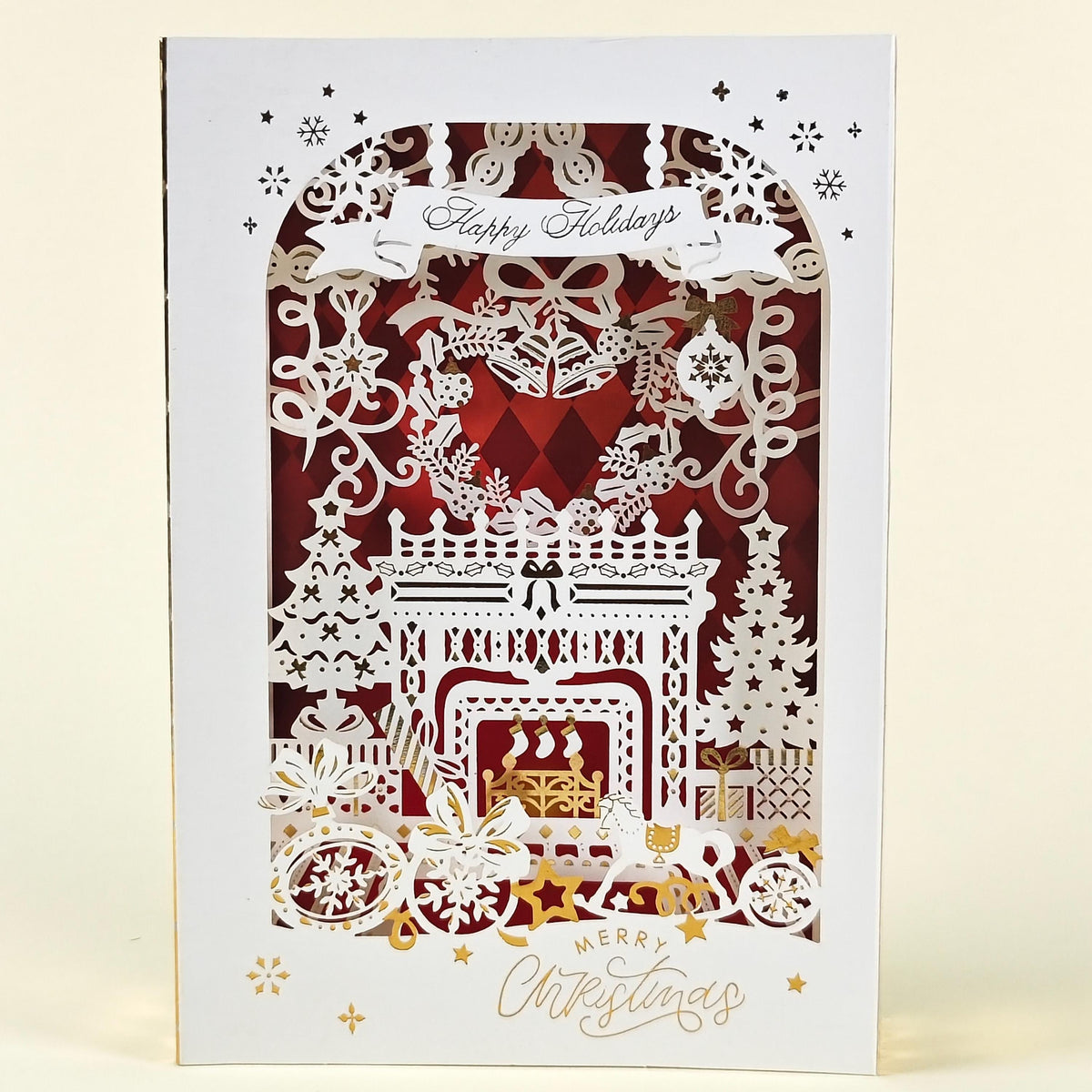 3D Dimensional Layered Paper Art Christmas Card with Fireplace Scene and Removable Message Insert