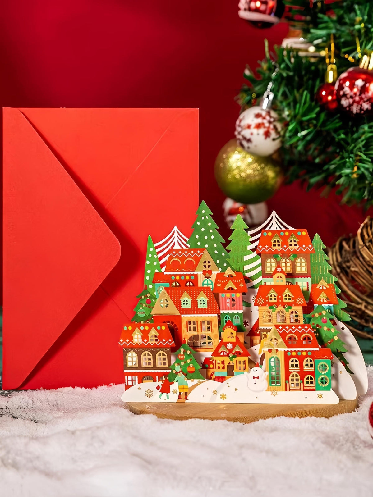 3D Pop Up Christmas Card, Foil Christmas Village, Festive Paper Art, Luxury Holiday Greeting