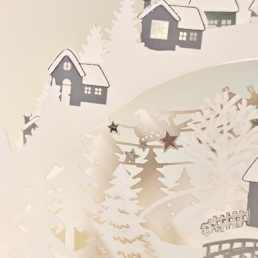 3D Layered Paper Christmas Card, Snowy Village Scene, White and Gold