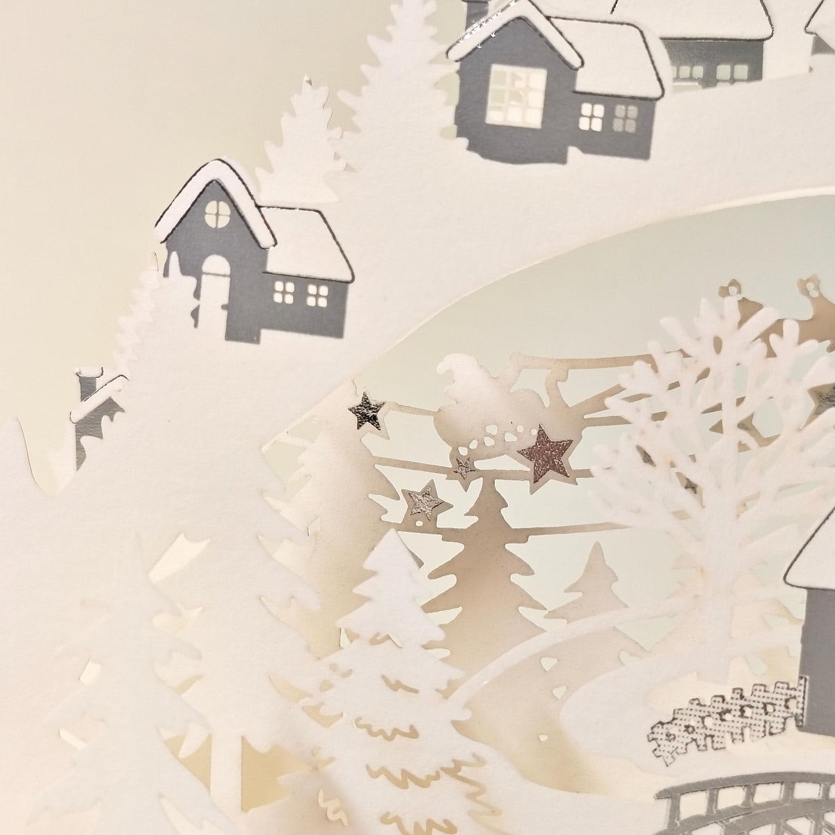 3D Layered Paper Christmas Card, Snowy Village Scene, White and Gold