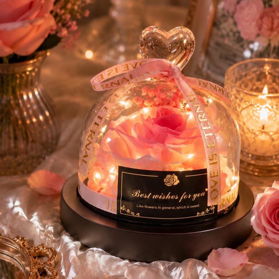LED Preserved Rose Dome Glass Flower Eternal Bloom Romantic Home Decor Keepsake Light