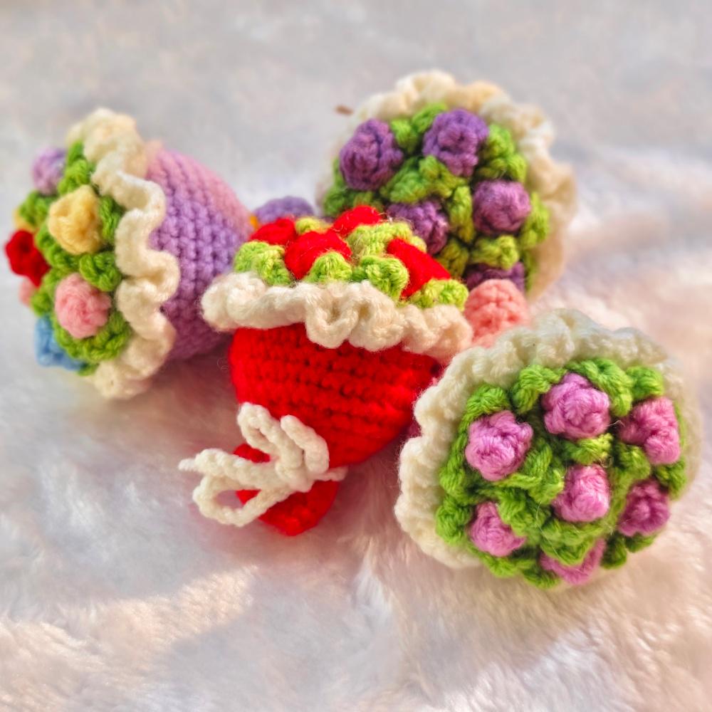Hand Crocheted Mini Rose Bouquet Handmade Yarn Flower Tabletop Home Ornament Decor