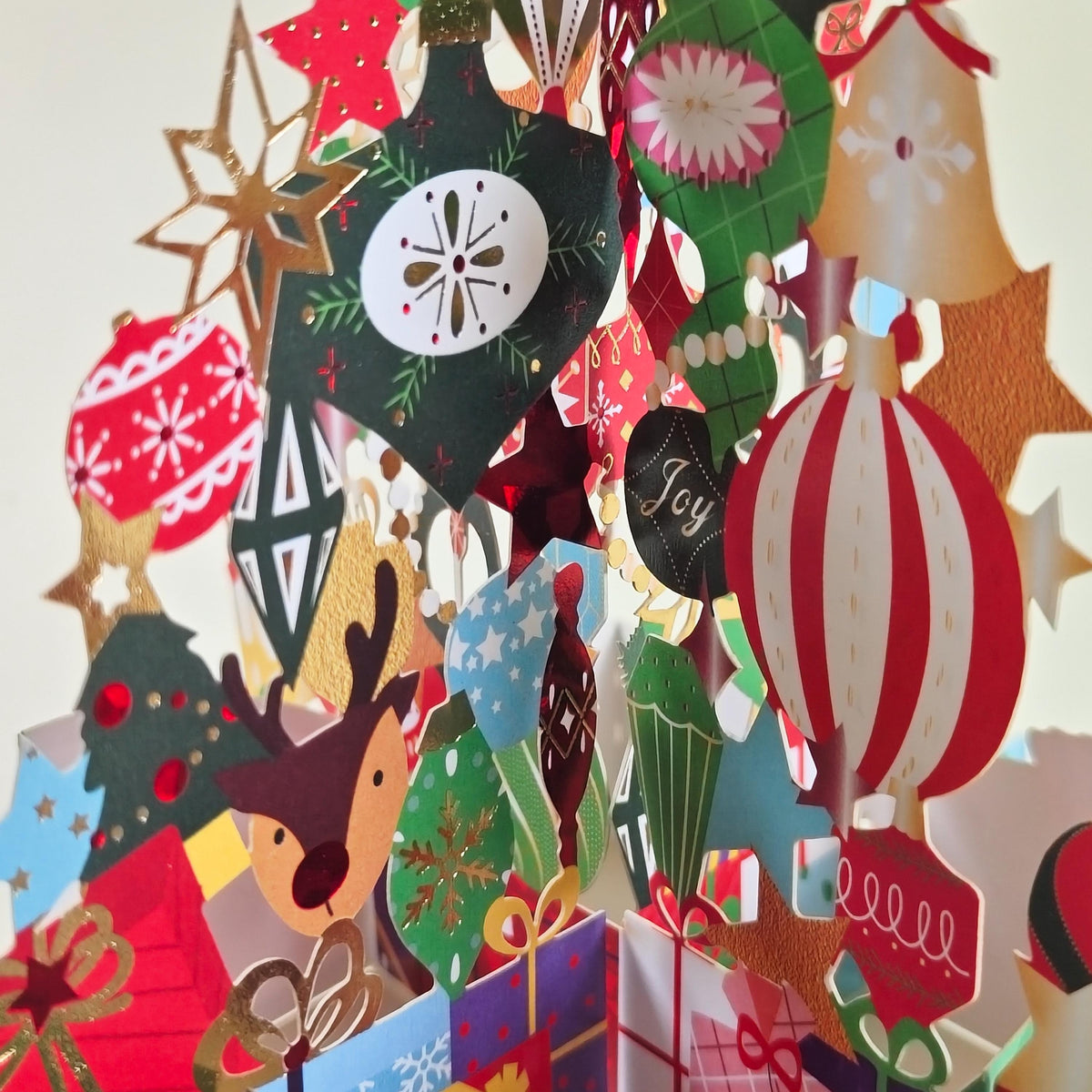 3D Christmas Tree Pop Up Card, Colourful Ornament Display, Festive Paper Greeting