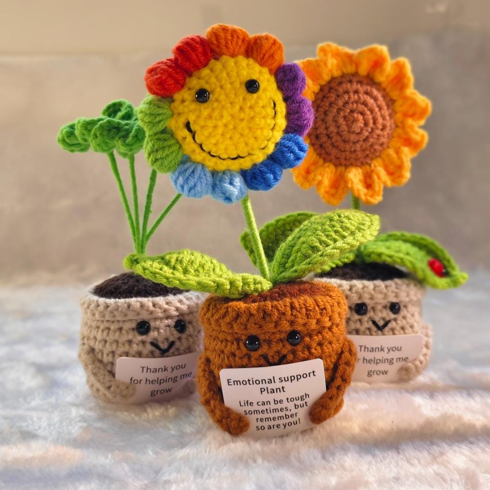 Handmade Crochet Emotional Support Plant: Knitted Flower with Encouraging Card (Desk Decor)