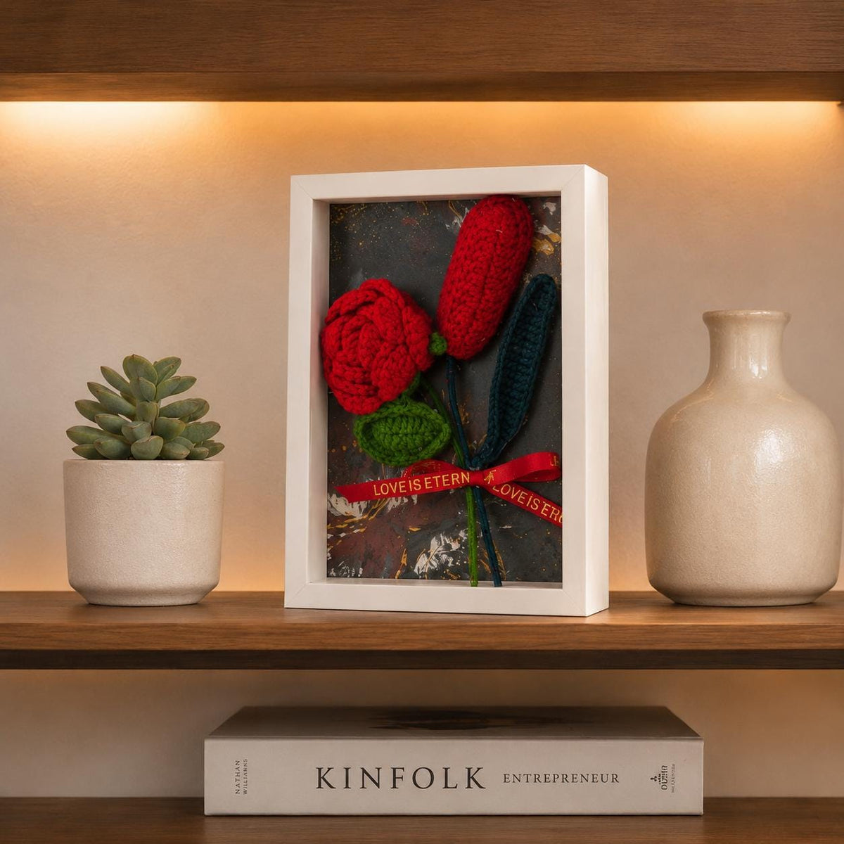 Handmade Crochet Rose Shadow Box Frame Romantic Floral Home Decor
