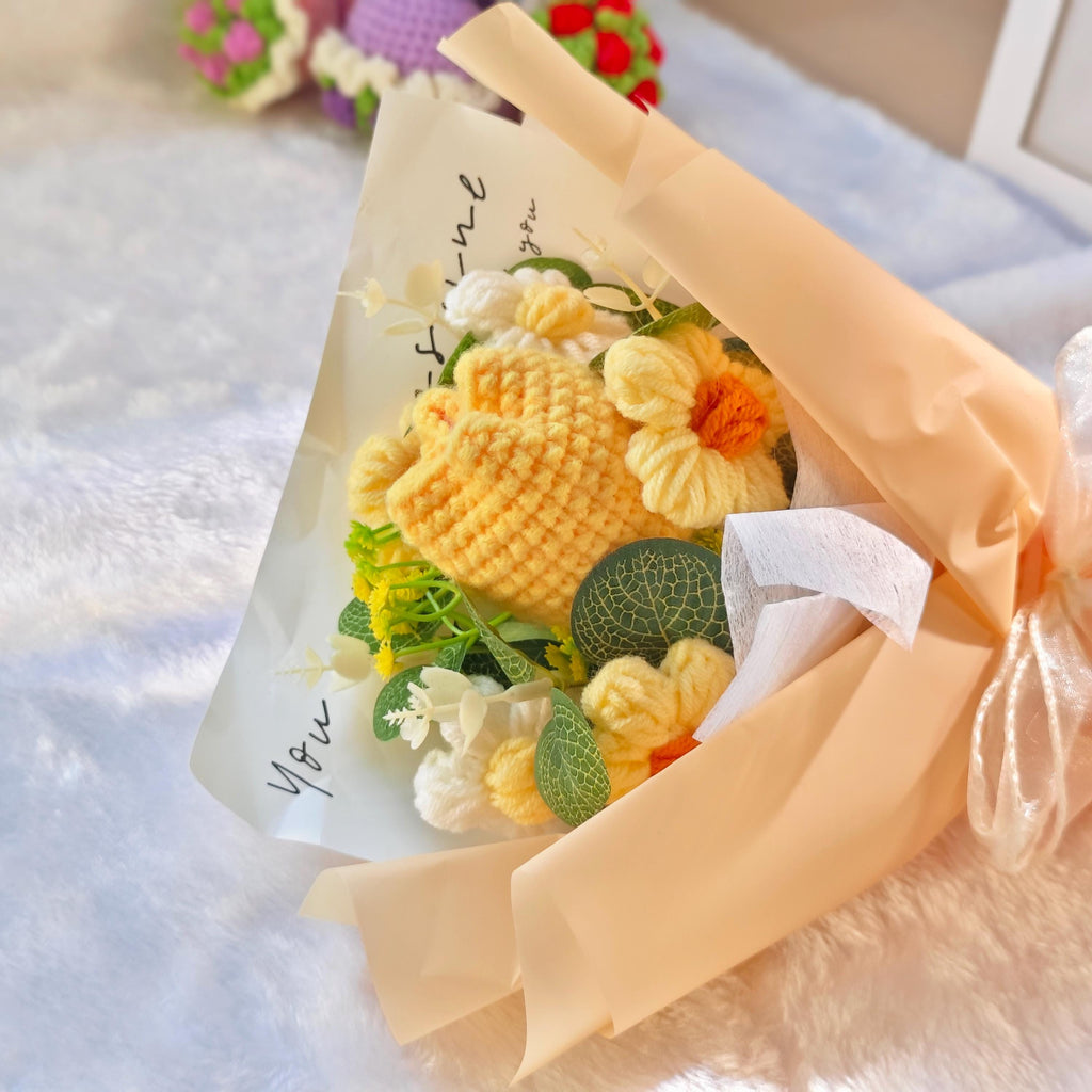 Crochet Tulip Bouquet, Yellow Knitted Forever Flower Arrangement, Handmade Yarn Flowers, Crochet Floral Decor