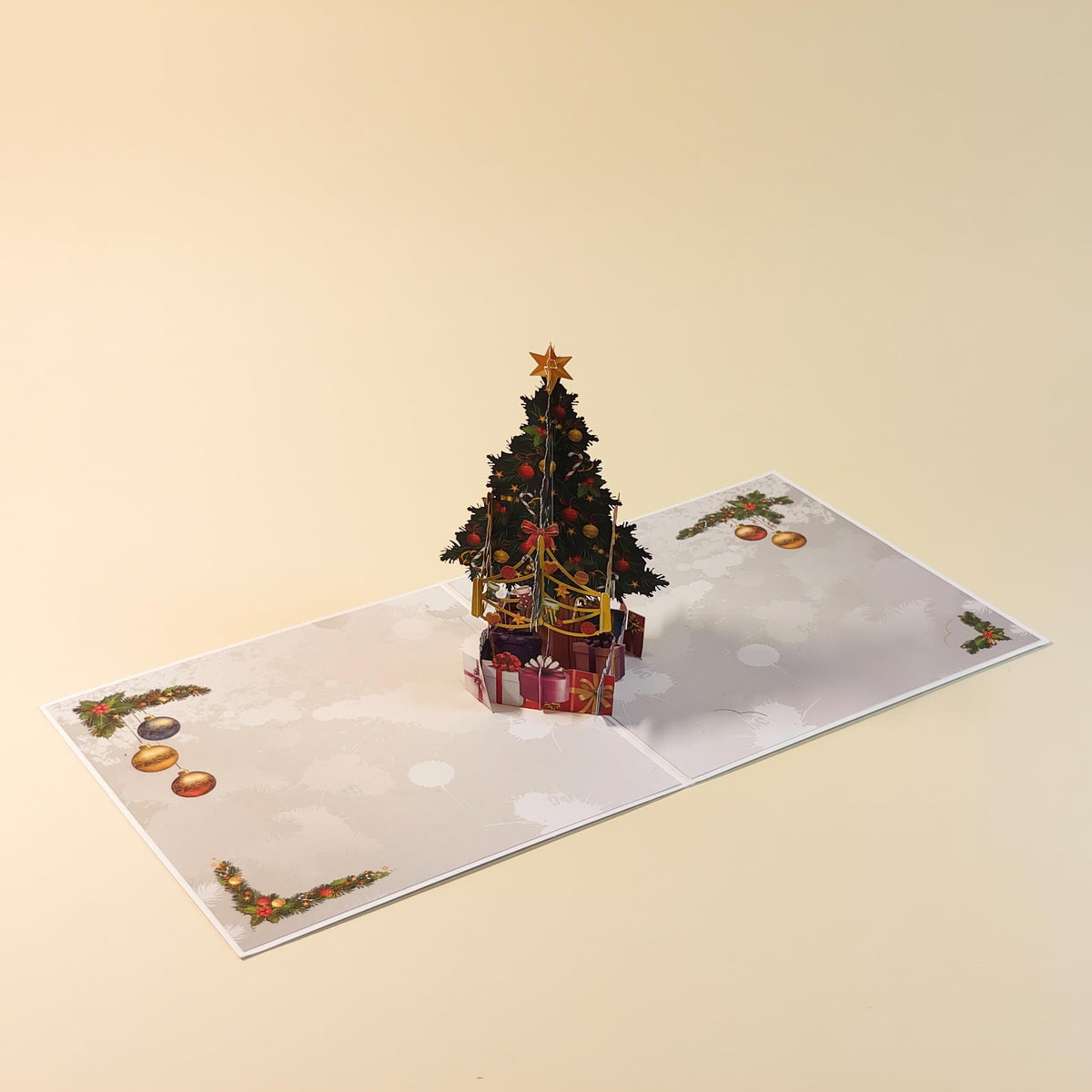 Pop Up Christmas Card, 3D Festive Tree with Presents, Holiday Greeting Surprise: Foldable, Wrapped Gifts, Star, Winter Patterns