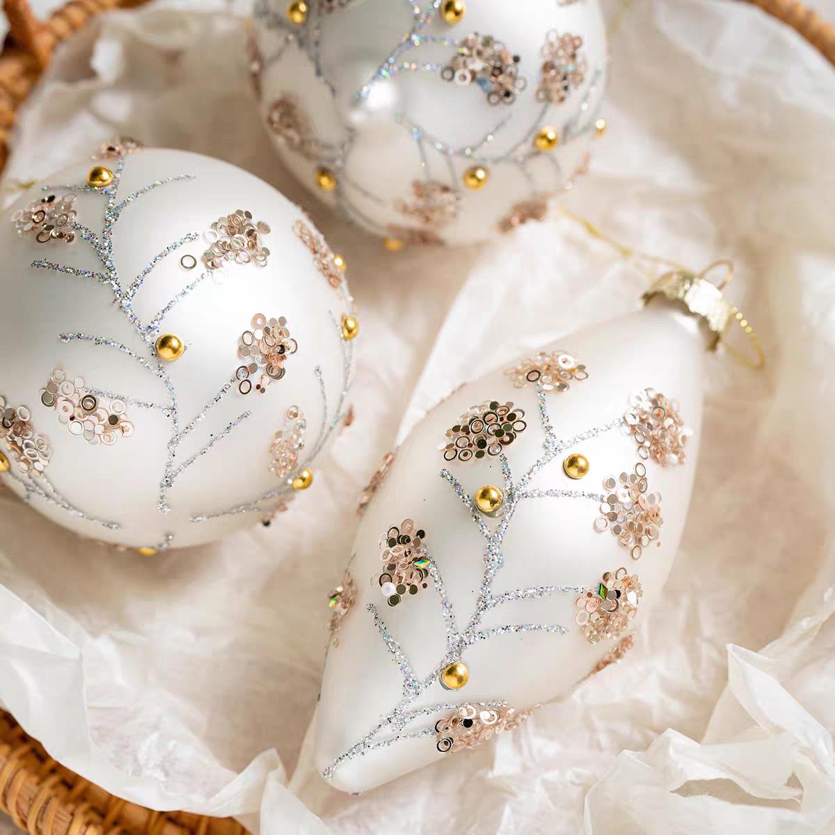 White Glass Christmas Ornaments Set of 3, Glitter Botanical Baubles, Elegant Tree Decorations